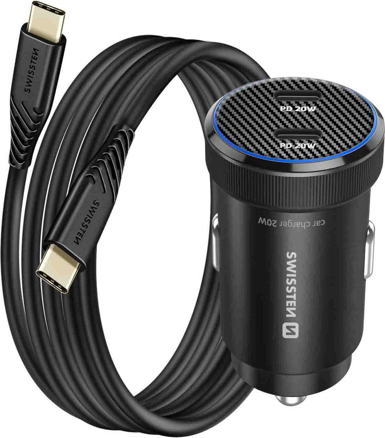 Swissten autolader met 2x USB-C poorten, 20W PD, inclusief USB-C kabel, zwart