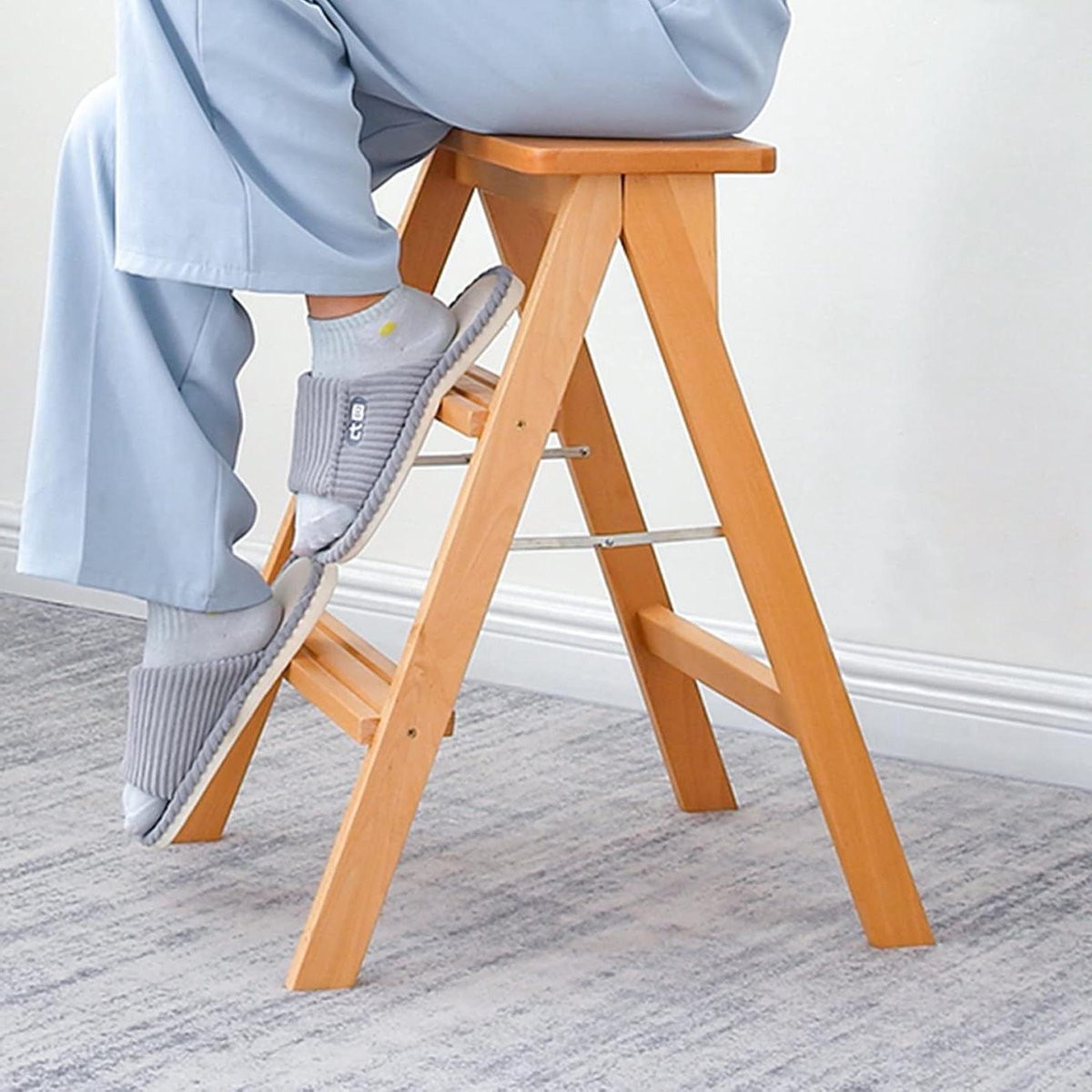 Opvouwbare houten ladderkruk met 3 treden in houtkleur