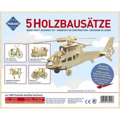 PEBARO 850 - Holzbausatz Technik-Set (Lokomotive, Fahrrad, Hubschrauber, Oldtimer, Doppeldecker), 5 Holzkonstruktionen zum Zusammenstecken