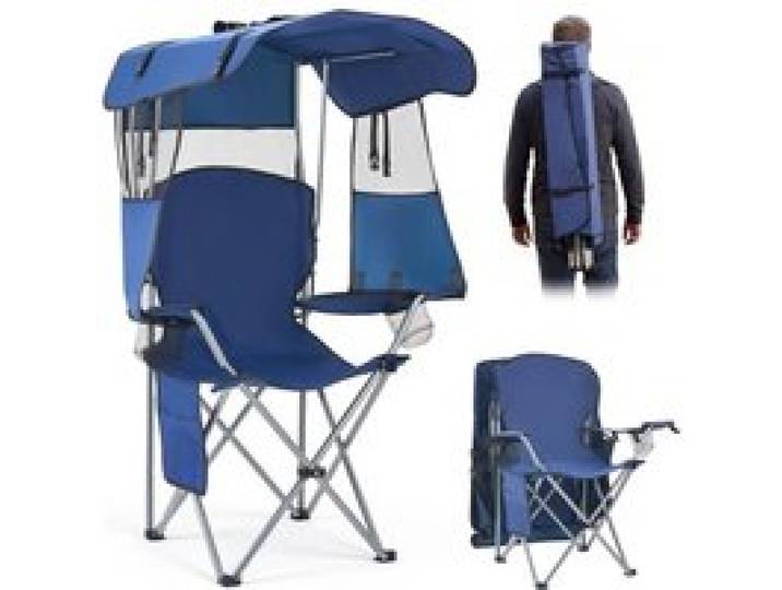 VEVOR Campingstoel, Klapstoel, Draagvermogen 150 kg, Visstoel met Zonnescherm & Tijdschriftenvak, Klapstoel met 2 Bekerhouders, voor Buitenactiviteiten, Vissen, Picknicks, Kamperen, Donkerblauw