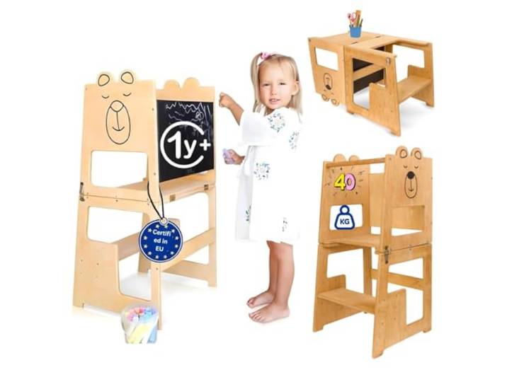 KAUZA 3-in-1 Lernturm ab 1 Jahr für Kinder – Höhenverstellbar, Klappbar, Montessori Tower aus Naturholz, Verwandelt Sich in Tisch und Stuhl, Baby Klettern Indoor, Sicherheits-Kindersitz, 40kg max
