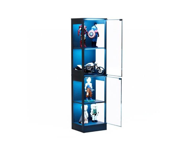 Vitrine-Argentier Noire 40x35x165cm 4 Niveaux LED Portes Vitrées Capteurs Anti-poussière Pour Salon Chambre Bureau