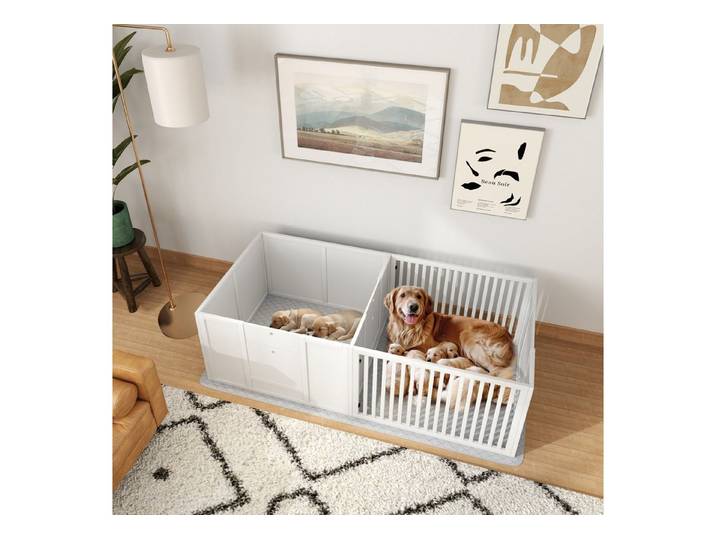 PawHut Laufgitter Wurfbox Welpenlaufstall mit wasserdichte Bodenmatte, 166x80x50 cm (Wurfkiste, 1-tlg), für Welpen, Weiß