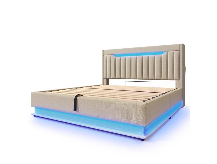 Lit tapissier double en lin beige 160x200cm