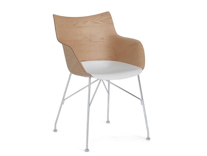 KARTELL chaise avec accoudoirs Q/WOOD (Clair, base chrom Chiaro, cuscino azzurro polvere e base cromata - bois palqué, polymère renforcé [...]