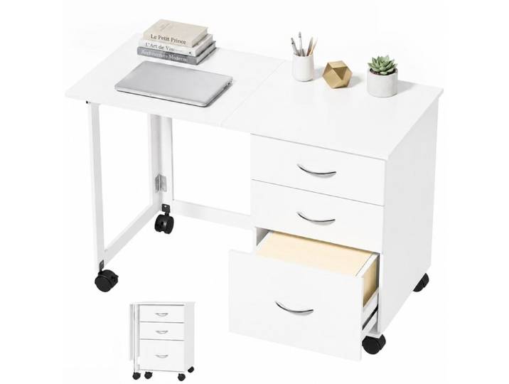 Bureau pliant blanc avec 3 tiroirs - plateau rabattable 107 x 50 cm - bureau informatique pliable à roulettes