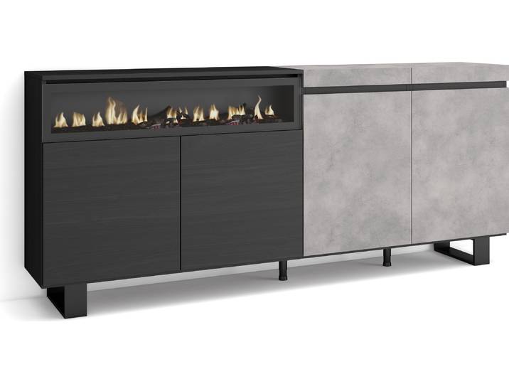 COZY Buffet salon et cuisine\, 200x35x87cm\, 4 Portes\, Cheminée électrique\, Ciment
