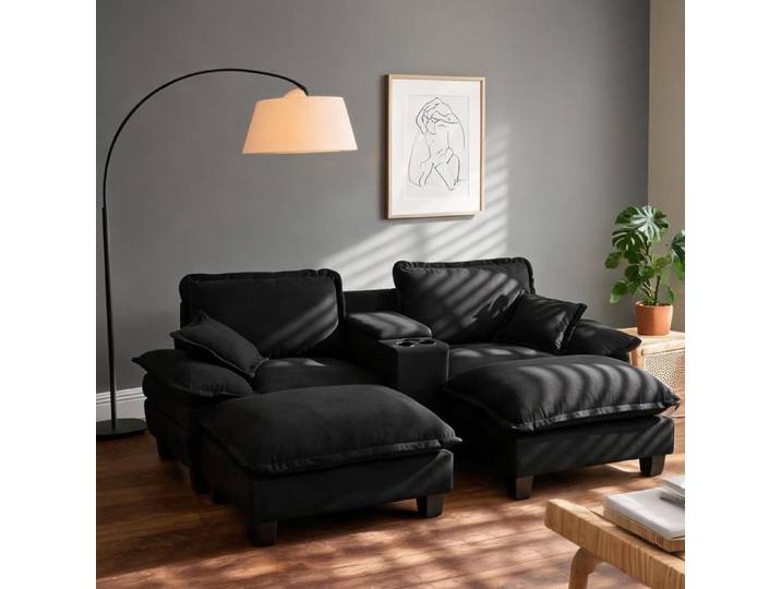 Canapé modulable en chenille deep black ports USB et ottomans L 224 cm