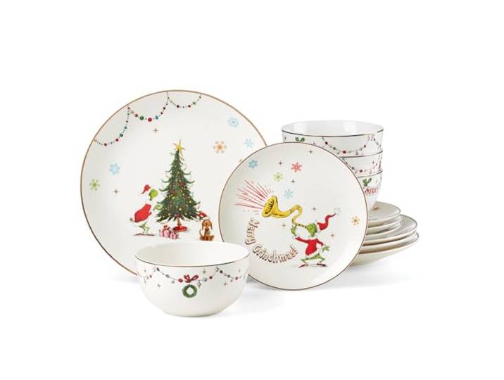 Lenox 895051 Merry Grinchmas Geschirr-Set, 12-teilig, Grün, 12-teilig, Weihnachtsgeschirr-Set, Urlaubsgastgeber