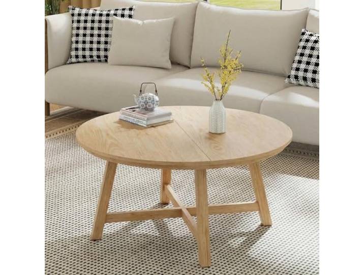 GarveeMore Industrial runder Couchtisch 91 cm, MDF-Tischplatte in Holzoptik schwarzes Metallgestell, dicke Metallbeine, höhenverstellbare Füße, einfache Montage – Naturholz