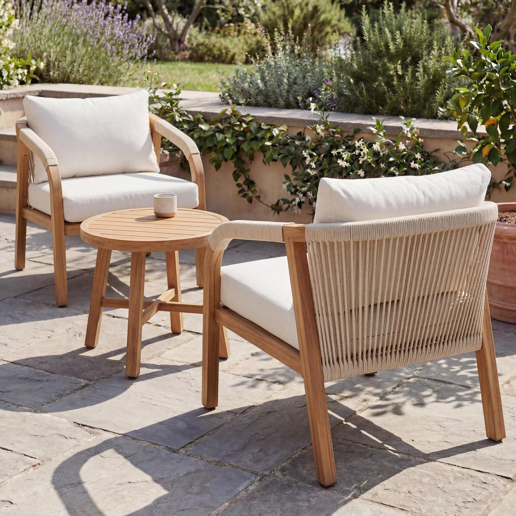 Aluminium Lounge-Set MCW-P82, Gartengarnitur Balkon-Set Stuhl Tisch, Stoff/Textil (220g/m²) ~ Holz-Optik creme