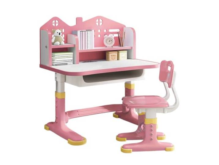 Fiauli Kinderschreibtisch-Stuhl-Set, höhenverstellbar mit Schublade Langlebige MDF-Platte und Metallrahmen, ergonomisches Design für Kinder, ideal für das Home-Schooling Rosa 6