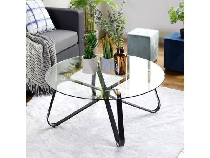 Table basse - HOMY CASA - KONYA GLASS 80CM LMKZ - Plateau verre trempé - Armature métal - Ø80 x H40 cm