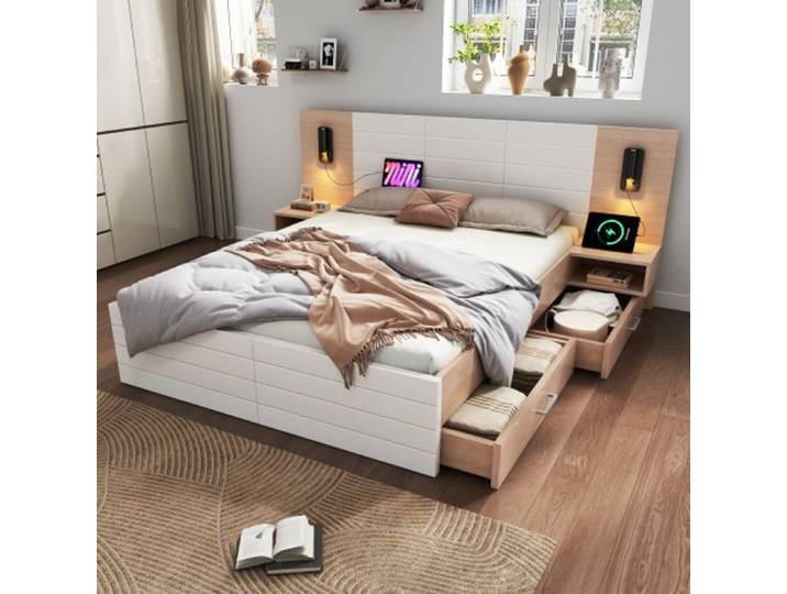 Cadre de lit - AUTREMENT - O.Ye - 180x200 cm - Bois massif - 2 tiroirs avec USB