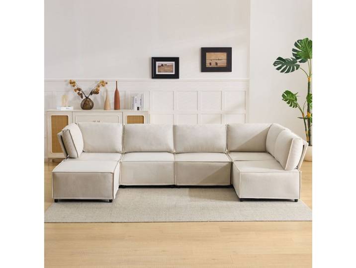 Canapé d'angle modulable 6 places beige en tissu lin convertible en lit 6 modules