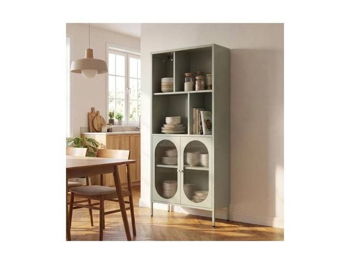 Sicaan bibliothèque industrielle métal 180cm 2 portes 4 niches vert sauge et verre cannelé milie