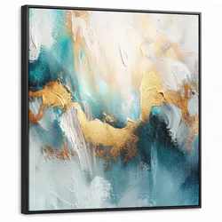LEINWAND Bilder mit Rahmen - Abstrakt - Kunst - Gold - Blau - 90x90