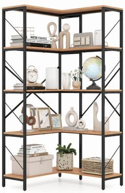 "Costway 66"" Tall 5-Tier L-Shaped Bookcase with Metal Frame for Living Room-Rustic Brown"