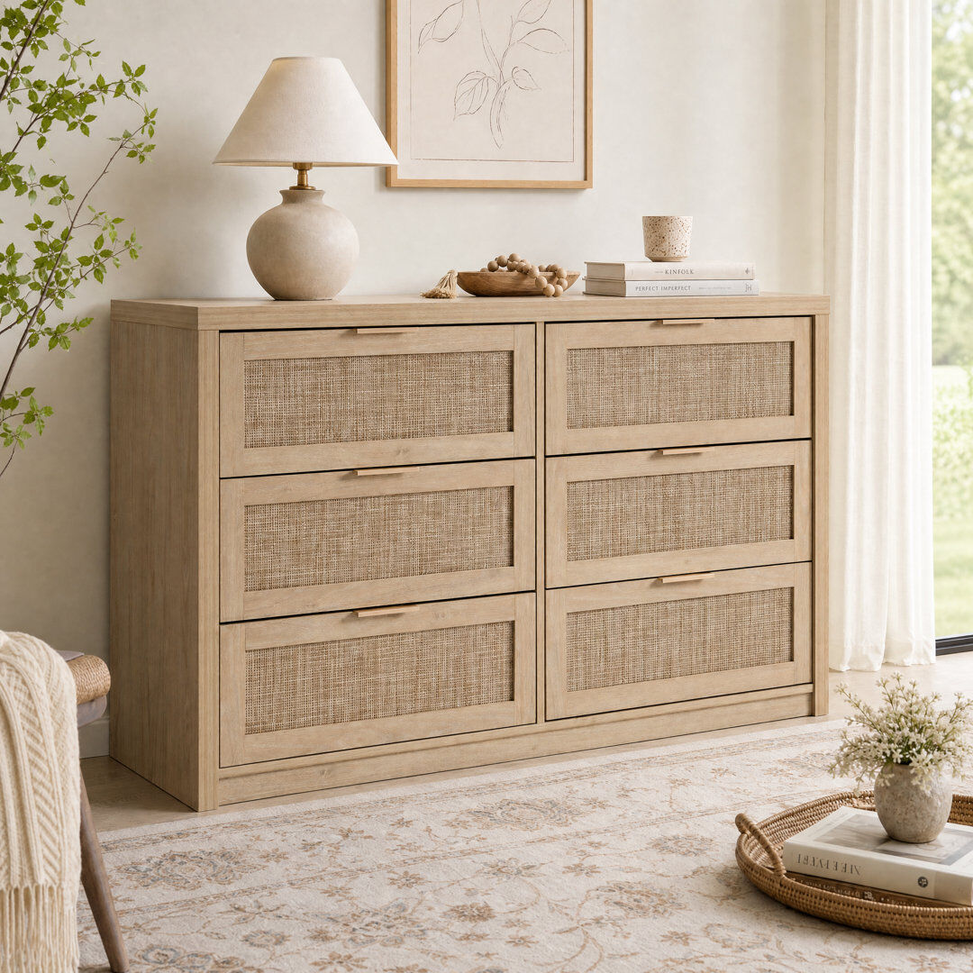 Bay Isle Home 134 cm W Chest of 6 Drawers Light Natural Oak 81cm H X 134cm W X 45cm D