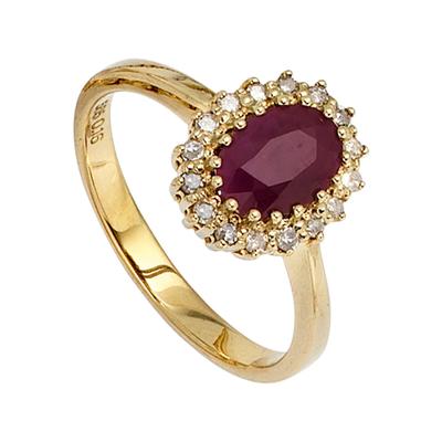Diamantring JOBO Gr. 56, gelb (gelbgold 585), Fingerringe, Damen, 56, Diamanten Gelbgold 585, Diamanten, Gelbgold 585, Diamantring, 585 Gold mit 16 Diamanten und Rubin