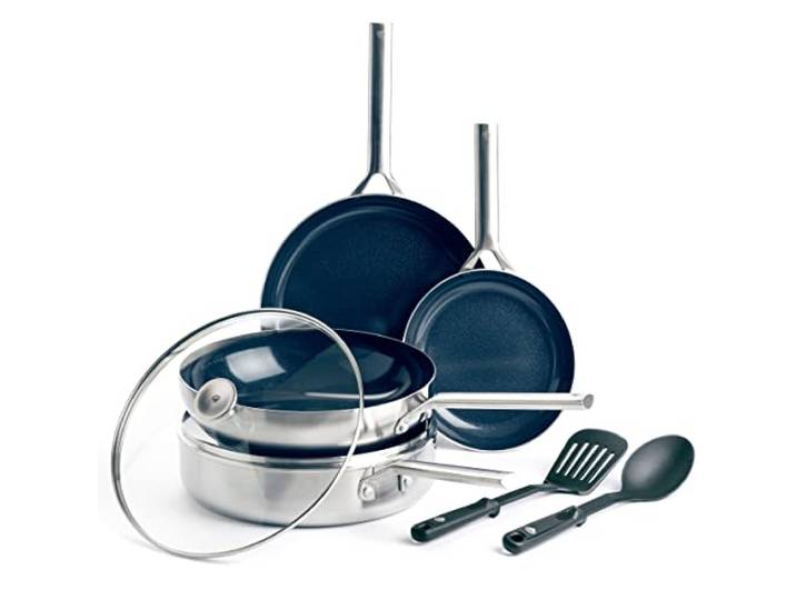 Blue Diamond Cookware Triple Steel Edelstahl Diamantverstärkte Keramik Antihaft 7-teiliges Kochgeschirr-Set, Bratpfanne,Schmorpfannef, PFAS-frei,Mehrschichtig,Induktion,Spülmaschinen & Ofenfest,Silber