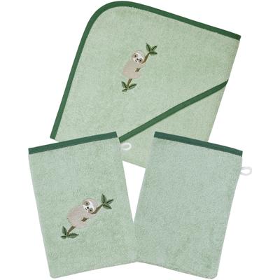 Handtuch Set WÖRNER "Faultier helloliv Kapuzenbadetuch mit 2 Waschhandschuhen", grün (helloliv), 3 Stk., Faultier, Frottier, Frottier, Obermaterial: 100% Baumwolle, Handtücher, mit süßer Stickerei Faultier