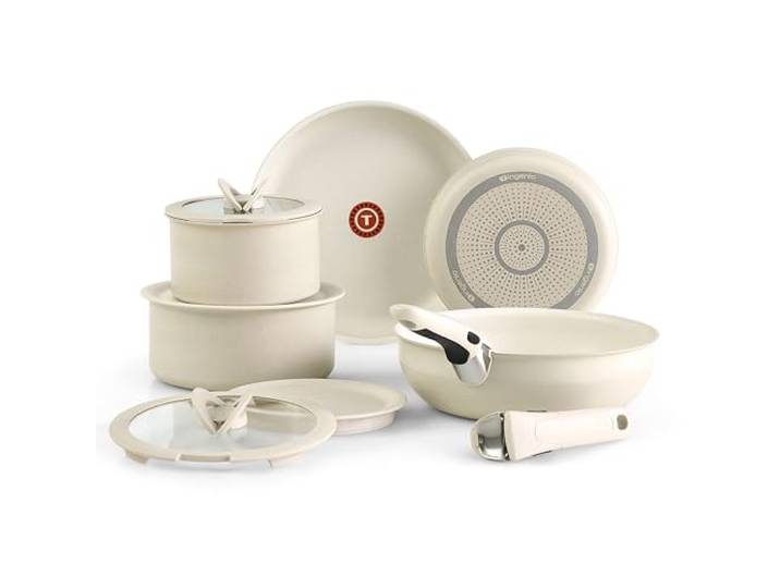 T-FAL Ingenio Essentials Kochgeschirr-Set mit abnehmbarem/abnehmbarem Griff, 11-teilig, Granit-Titan, antihaftbeschichtet, ofenfest, 500 F, stapelbar, Töpfe und Pfannen Set, Bratpfannen