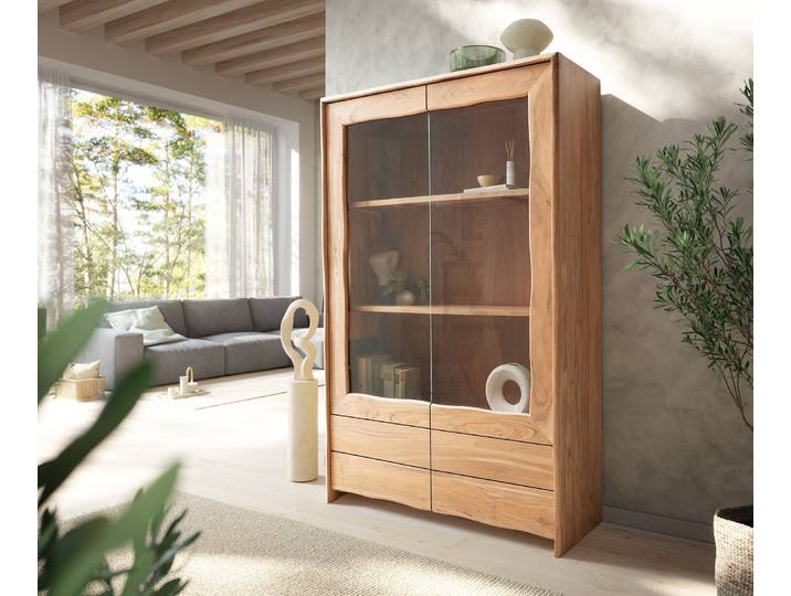 Vitrine Live-Edge 120x190 cm Akazie Natur 2 Türen 4 Schubladen Massiv, Vitrinen, Baumkantenmöbel, Massivholzmöbel, Massivholz