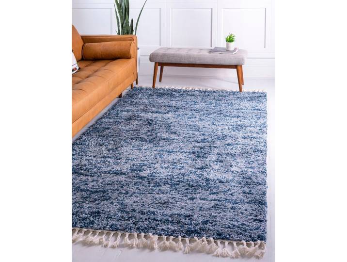 Hochflor-Teppich Top Shag, LAGERRÄUMUNG , blau (blau, marineblau), B:66cm H:32mm L:91cm, Polypropylen (PP), MYFLAIR MÖBEL & ACCESSOIRES, Teppiche, Hochflor-Teppich, gewebt, melierte Optik, weich & kuschelig, mit Fransen