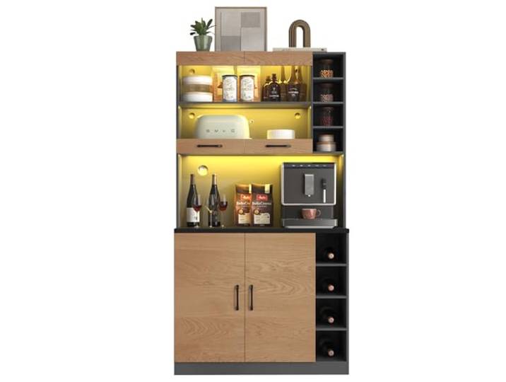 FurnitureR Küchenhochschrank, hoher Küchenschrank 100 x 47 x 187 cm, Hellholz, MDF Vorratsschrank mit 4 Türen, APP-LED, Glastüren, Hochglanzfronten, für Küchenorganisation, Gläser und Zubehör