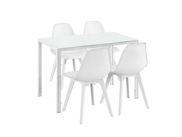 en.casa Essgruppe, (Set, 5-tlg., 4 Stühle, 1 Tisch), »Stathelle« Küchentisch mit Glasplatte Kunststoff Stühle weiß