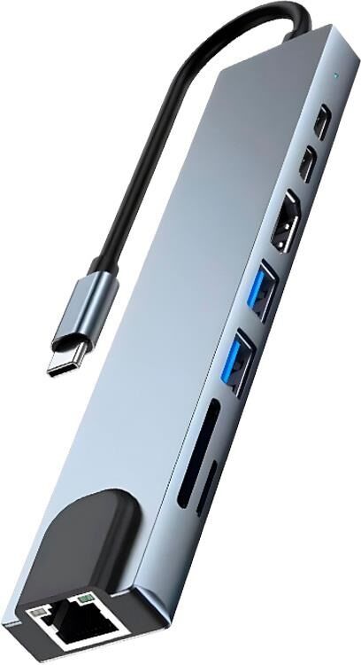 Concentrador USB-C 8 en 1 (2 puertos USB-C Thunderbolt 3 + 2 puertos USB + 1 HDMI + 1 RJ45 + SD/TF)