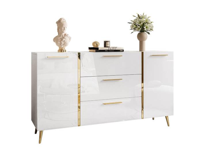 Lookway Kommode MIT Schubladen Onyx AUF Goldenen Beinen Hochglanz 158 CM, Weiß, 158x88x41.3 cm, Kleinmöbel, Kommoden, Sideboards