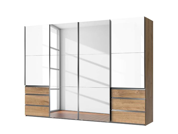 Schwebetürenschrank Level 36 D IV 300 x 216cm Weiß/Hochglanz Weiß/Eiche Dekor