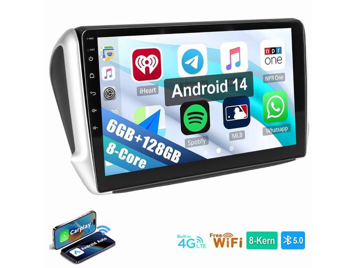 ESSGOO Für Peugeot 208/2008 2012-2018 Android 14 8-Kern Carplay Android Auto Autoradio (RDS, Digitalradio (DAB), FM, AM, 8-Kern Carplay Android Auto GPS Navi WIFI BT SWC)