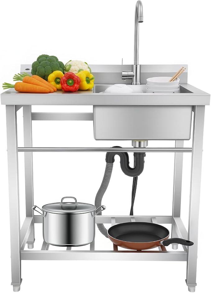 Freistehende Spüle Edelstahl mit Arbeitsplatte und Wasserhahn, 1 Becken Spültisch mit Ablage und 360° Mischbatterie für Haushalt, Küchenspüle 80x55x84cm für Küche, Garten, Garage, Hinterhof