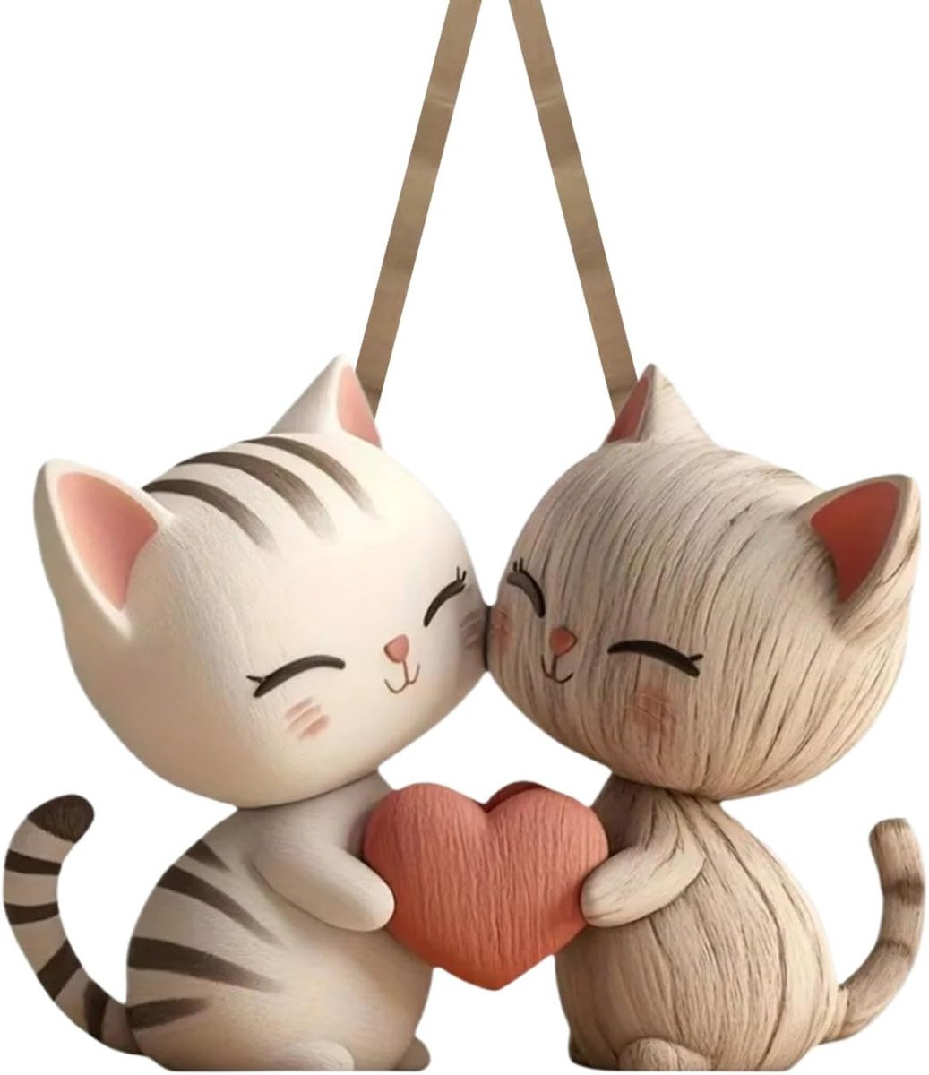 Handgemaakt houten kattenbeeldje paar voor decoratie - Breedte: 10 cm