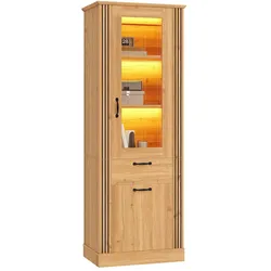 Merax LED Vitrinenschrank mit Spiegeltür, Schublade & Aluminiumgriffen, 62 x 41 x 180 cm, Naturholzfarbe