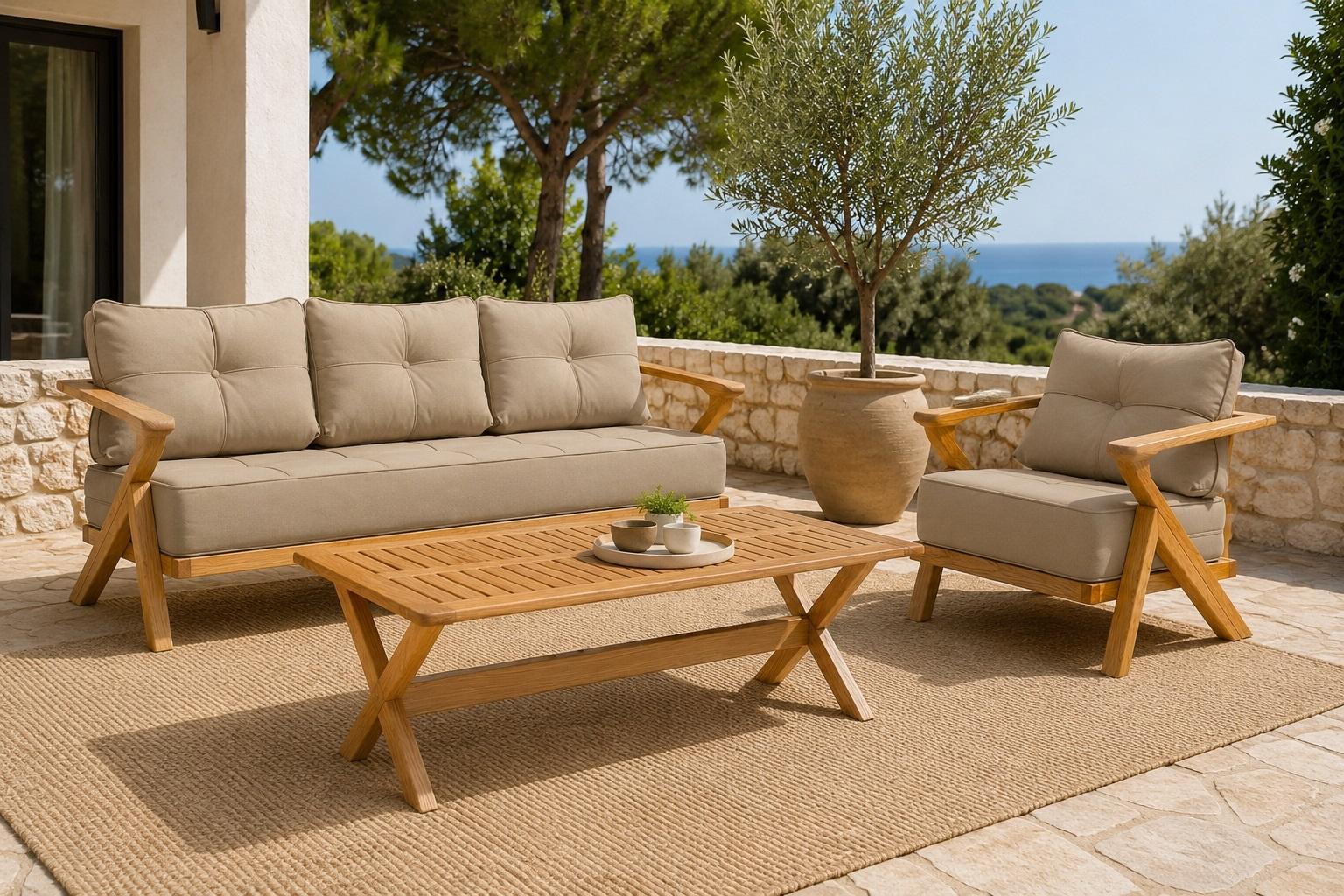 Gartenlounge Set 3-Sitzer Sofa Sessel Beige Couchtisch Holz