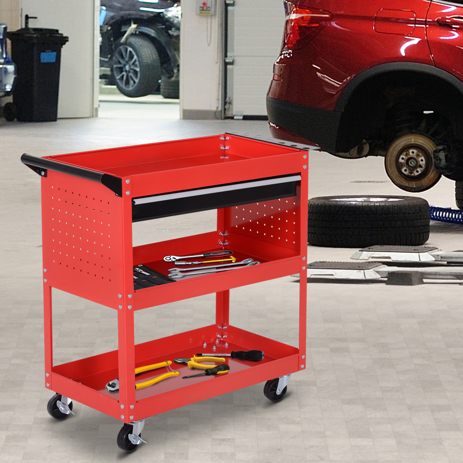 Durhand Carrello Portautensili da Officina Multiuso a 3 Ripiani in Acciaio Rosso per Garage e Laboratorio 70x35x75.5cm Aosom