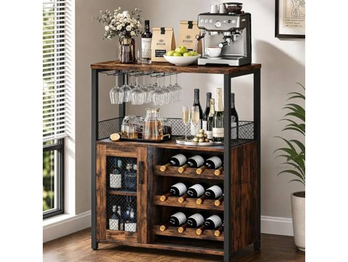 Weinregal, 70x35x92 cm, Retro Mit verstellbaren Ablagen und Glashalter, Industrial Design mit LED-Licht, geeignet für Küche, Esszimmer und Wohnzimmer