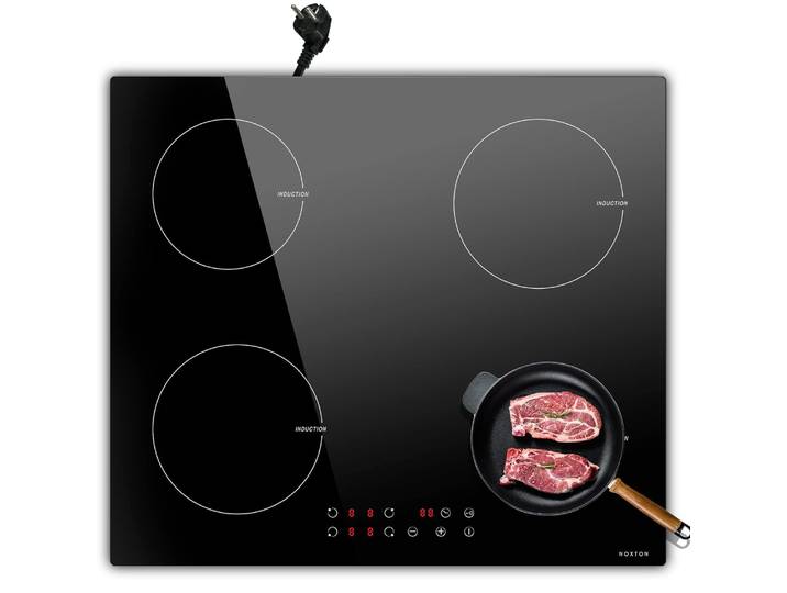 NOXTON Plaque Induction 4 Feux Encastrable, Plaque Electrique avec VDE Fiche, Table de Cuisson Induction avec Commande Tactile, Sécurité Enfant, Minuterie, Plaque de Cuisson Electrique 3500W