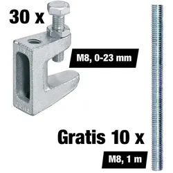 Vorteilspaket Trägerklammern M8, Spannbereich 0-23 mm, 30 Stück + Gratis Gewindestangen M8, 1 m, 10 Stück fischer