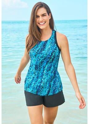 Plus Size Women's Longer-Length High-Neck Racerback Tankini Top by Swim 365 in Aqua Abstract (Size 30)