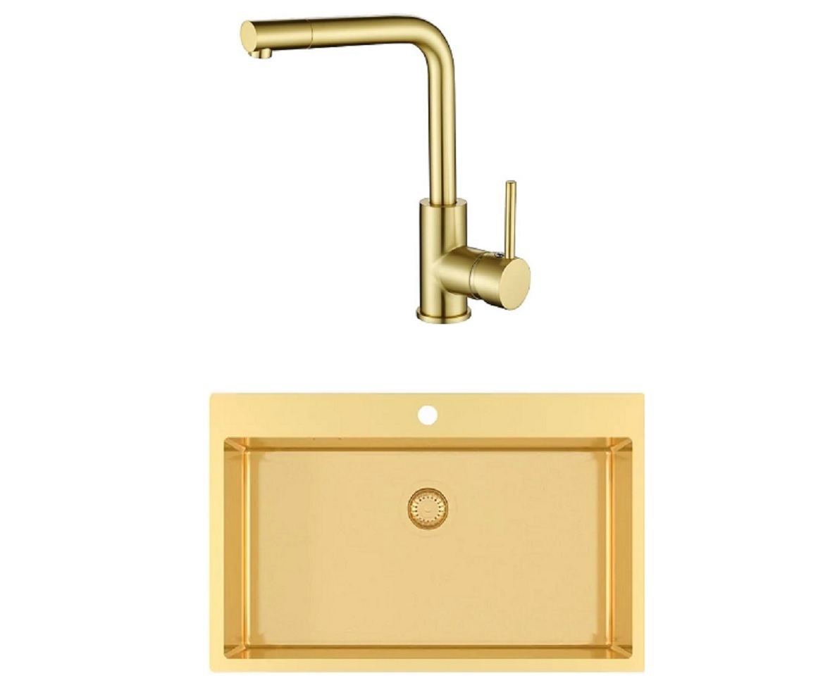 GURARI Edelstahlspüle TERRA100 M Spüle Edle Gold-Optik 790x505x200 mm+Küchenarmatur Tap 5553 Messingarmatur, 45-Grad, Gold Design