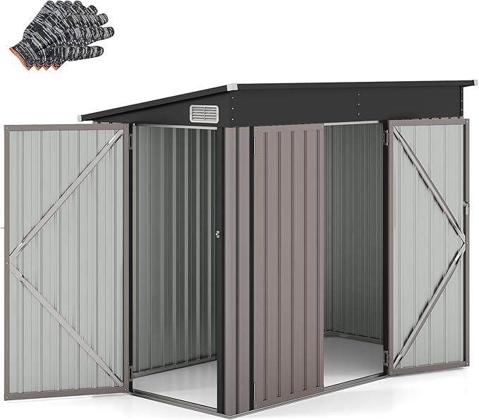 Gartenhaus Metall, 235 x 117 x 185 cm, Gerätehaus mit Vordertür & Seitentür & Pultdach, Geräteschuppen abschließbar, Gartenhütte Gartenschuppen, Garten Schuppen Outdoor (Hellbraun)