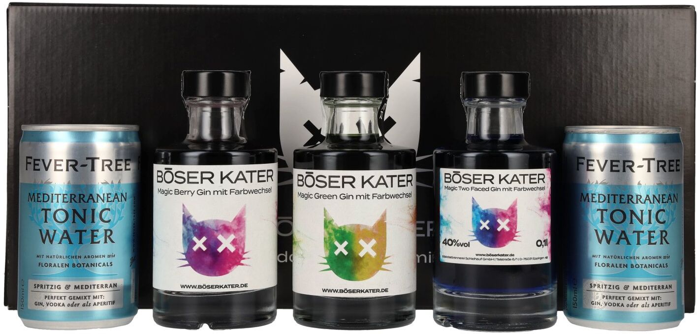 BÖSER KATER Farbwechsel Gin Tasting Set 40% Vol. 3x0,1l in Geschenkbox mit 2 Dosen Fever-Tree Mediterranean Tonic Water