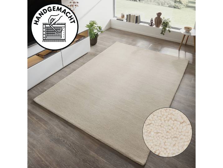 Wollteppich GOODPRODUCT Gabbo Natur, Handgefertigt, Teppich, reine Wolle, meliert Gr. 1, beige (natur), B:40cm H:14mm L:60cm, Wolle, Teppiche, Wollteppich, reine Wolle, Uni, Wohnzimmer, Schlafzimmer, Esszimmer