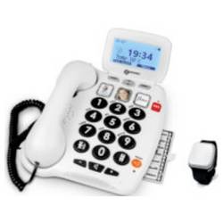 Geemarc Schnurgebundenes Seniorentelefon Foto-Tasten, für Hörgeräte kompatibel, Optische Anrufsignalisierung, Fallband-Sensor Weiß PACK_SEREN100_WH_VDE