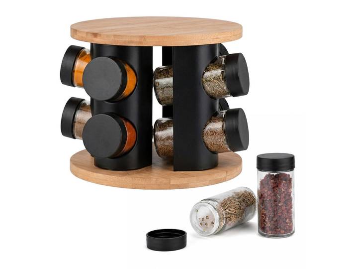 Relaxdays Gewürzkarussell Natur Schwarz Transparent 8er-Set, Mehrfarbig, Holz, Metall, Glas, 19.5x16x19.5 cm, Küchenzubehör, Vorratsbehälter, Gewürzgläser
